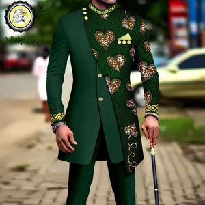 African Style Suits for Men Embroidery Print Blazer and Pants Set Business Dress Suit with Kerchief Party Wedding Evening