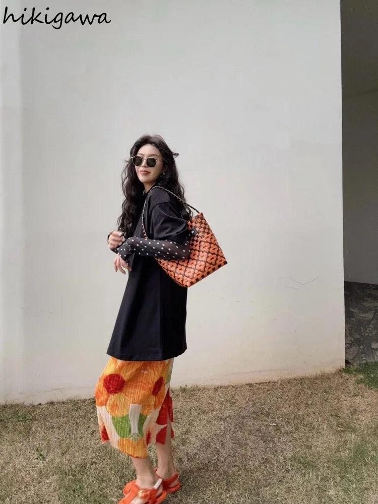Floral Long  Vintage Loose High Waist Pleated Skirt