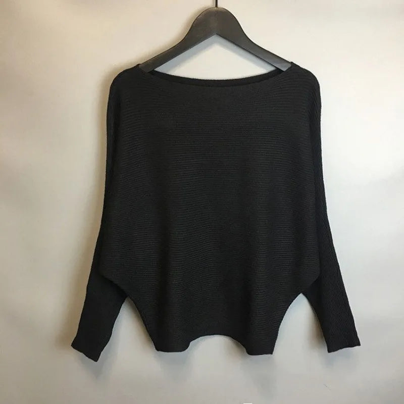Women's One line Neck Bat Sweater Knitted Pullover Loose and Simple Long Sleeve Solid Color