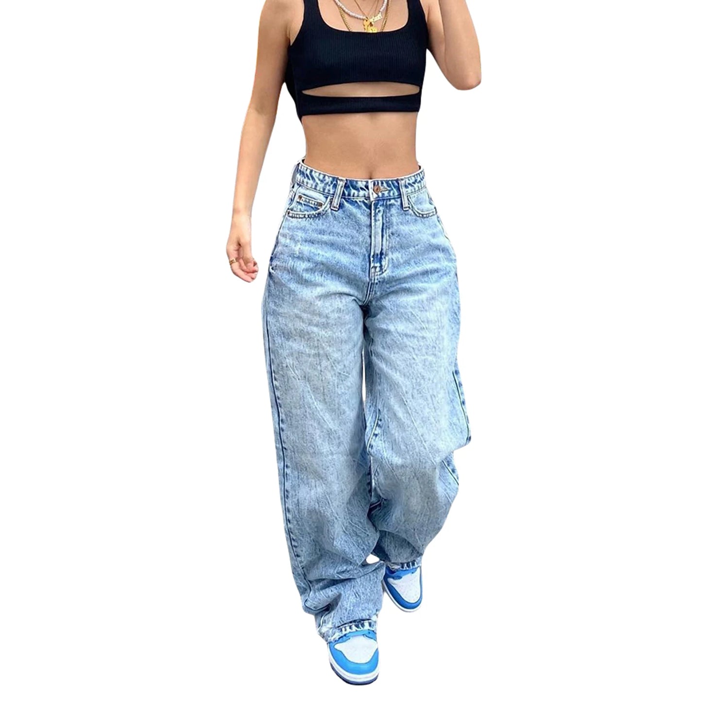 Women s Stylish High Waist Loose Fit Denim Jeans with Classic Straight Leg Design and Functional Pockets