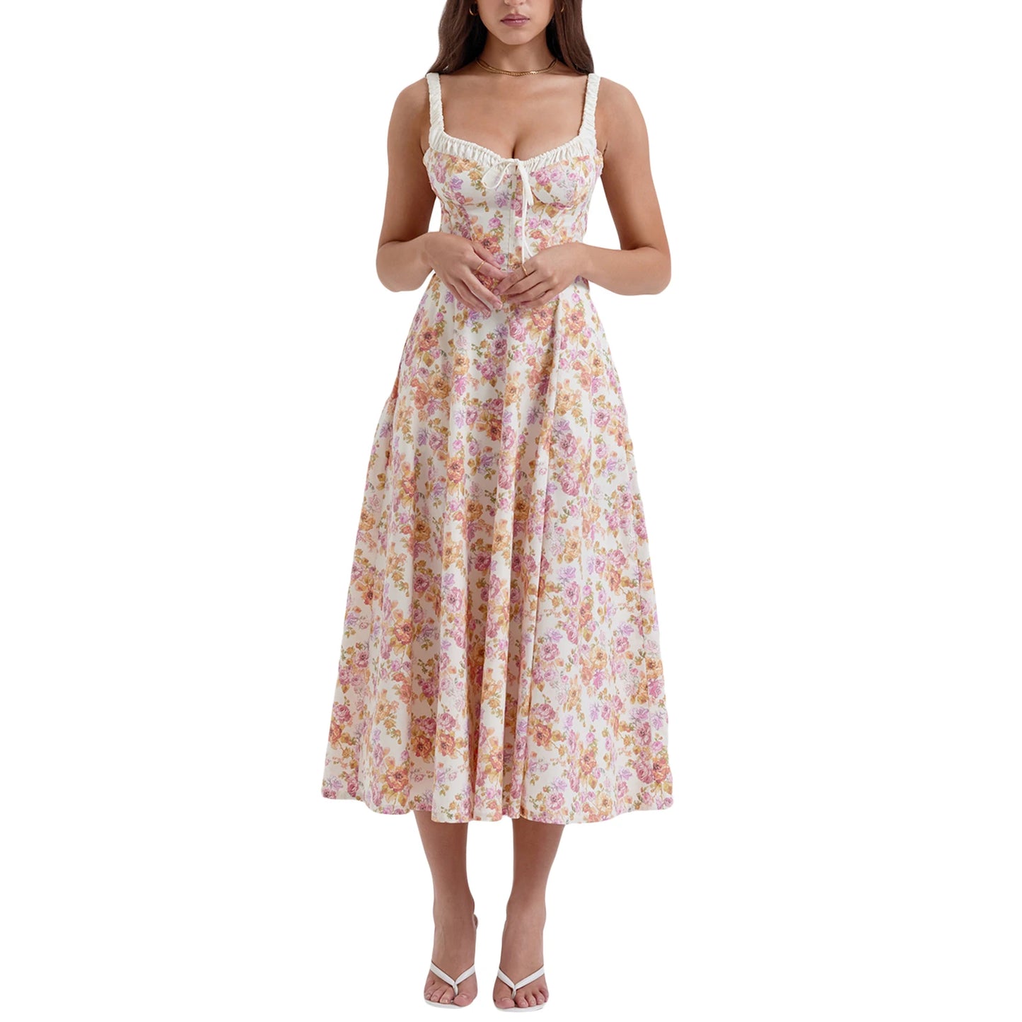 Summer Casual Midi Dress Floral Print Low-Cut Sleeveless