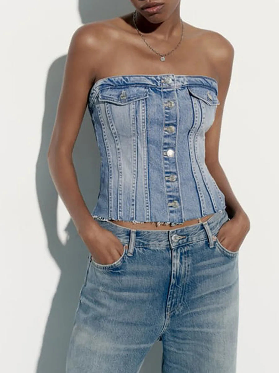 Women s Fitted Tube Tops Blue Sleeveless Off Shoulder Denim Bandeau Summer Clothes