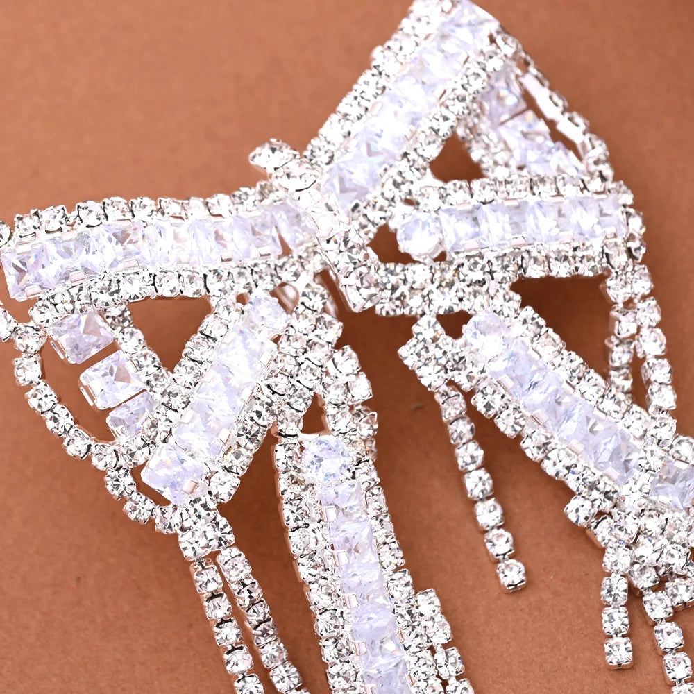 Bowknot Tassel Earrings Statement Jewelry Rhinestone Dangle Earrings Non Piercing