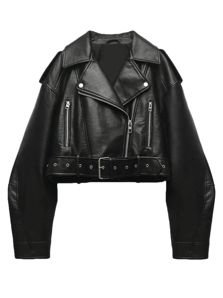 Faux PU Leather Jacket Casual Lady Lapel Zipper Short Leather Jacket High Street Motorcycle Coat