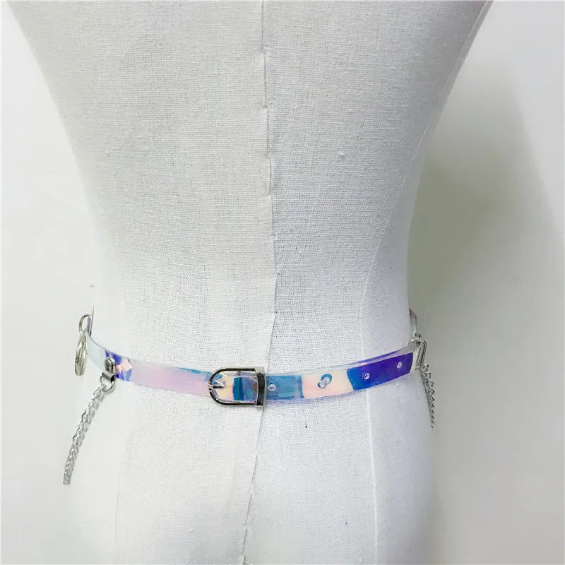 Shiny Faux Leather Harness Belt Dazzle Color Holographic Silver Metal Punk Chain