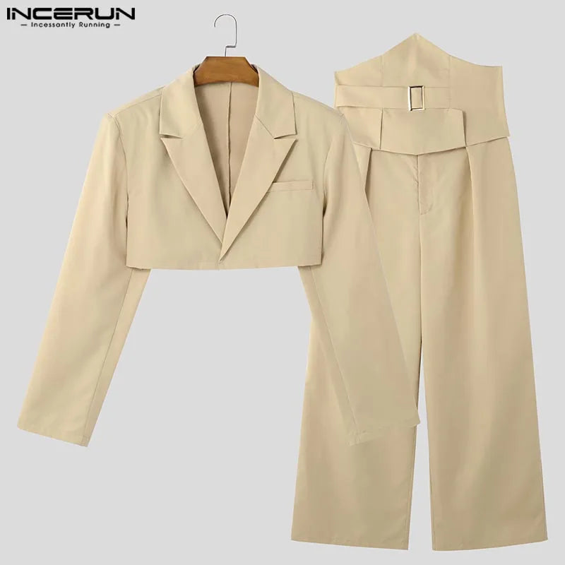 Fashion Casual Style Sets  Men's Cropped Waistband Design Suit Wide Leg Long Pant Handsome Male Solid Suit 2 Pieces