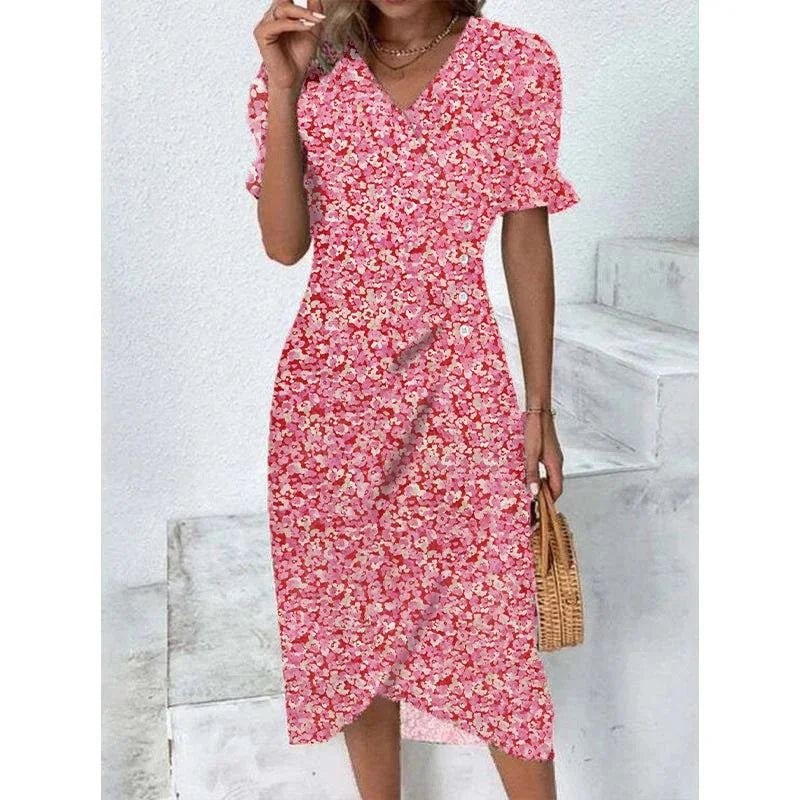 Elegant Floral Pleated H shaped Midi Dress Female V Neck Puff Sleeve Waist Ruched Button Dresses Women Summer Dress