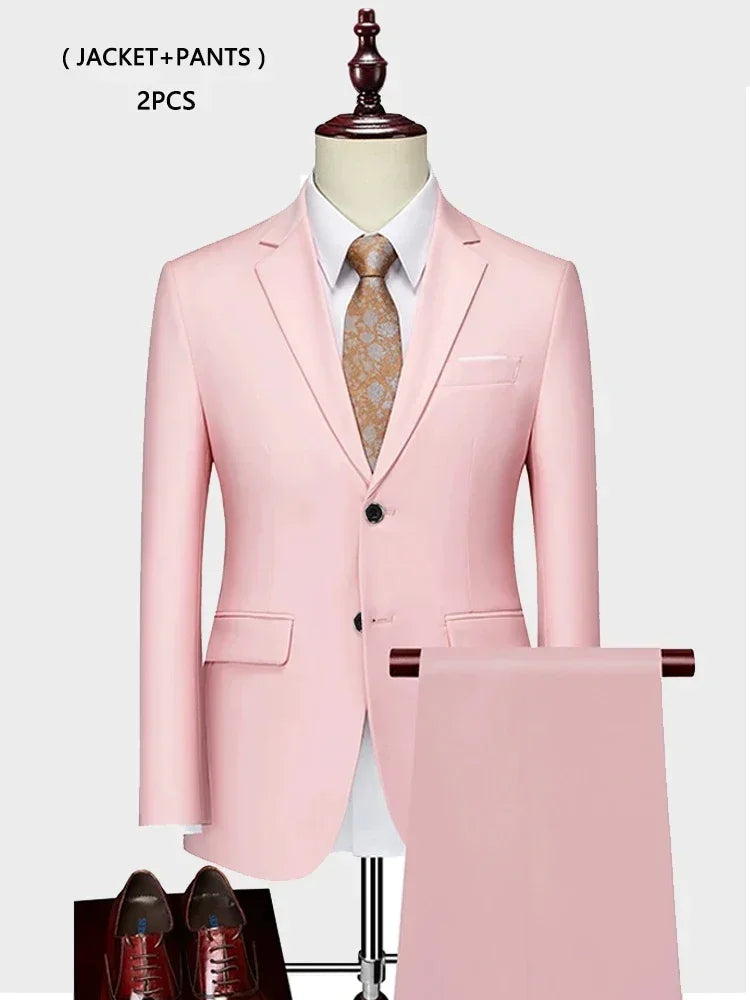 ( Jacket +Vest+ Pants ) Luxury Men's High-end Brand Solid Color Business Office Suit 3Pcs & 2Pcs Groom Wedding Party Suit Tuxedo