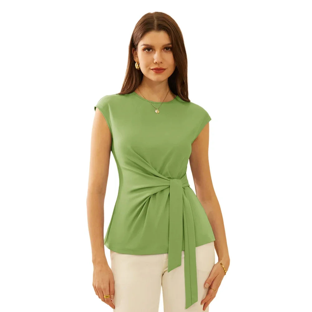 Front Bow Knot  Cap Sleeve Crew Neck Pullover