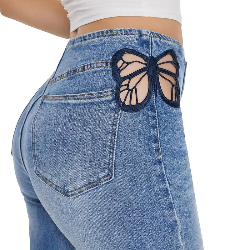 Women High Rise Stretch Flared Jeans With Butterfly Embroidery Stylish-Mid Wash