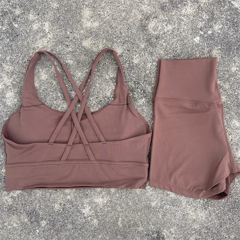Yoga Clothes 2 Piece Gym Sports Shorts Set Women Cross Back Bra Top High Waist Shorts Fitness Suit Running Workout Tracksuit
