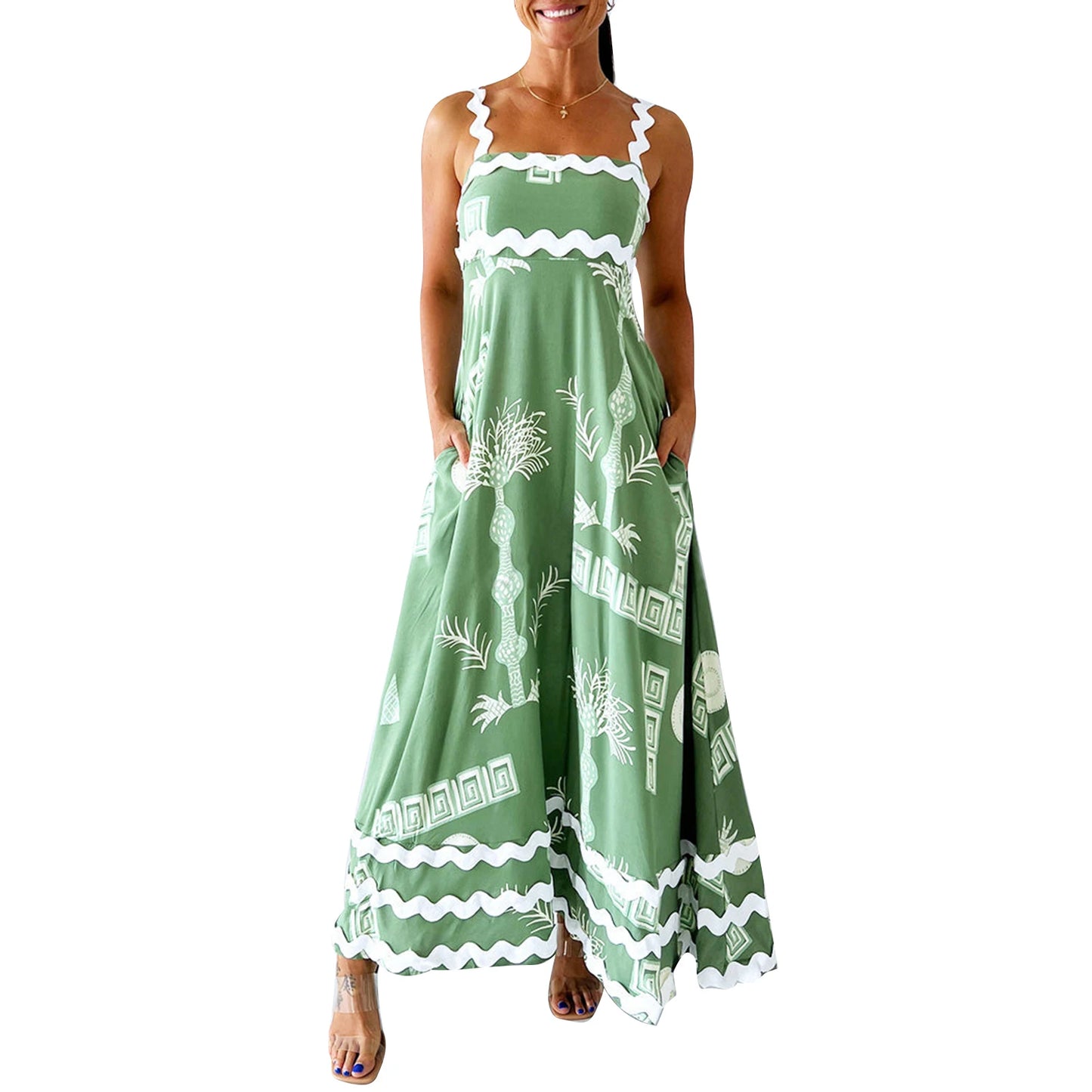 Floral Print Spaghetti Strap Maxi Dress with Side Slits and Adjustable Waist Tie