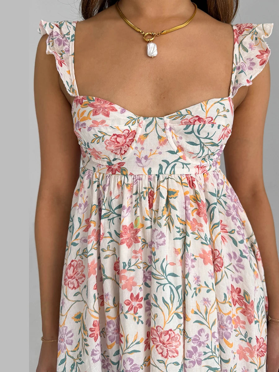 Women V-Neck Dress Sleeveless Ruffle Floral Print Boho Beach Dress Summer Casual Dress with Pockets