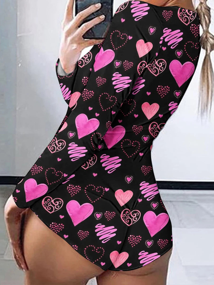 Women’s Long Sleeve Valentine Day Jumpsuit Bodycon V Neck Lip Print Button Down Short Romper Indoor Sleepwear