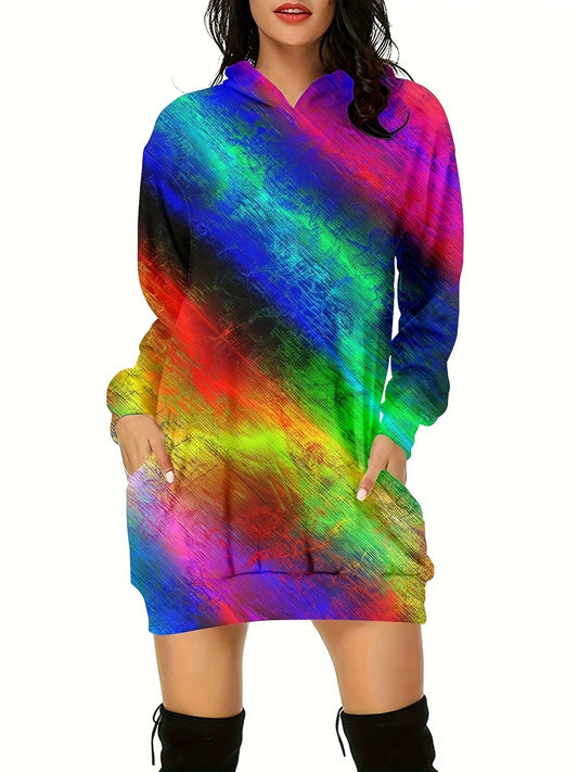 Colorful 3D Pattern Printed Hooded Dress, Long-sleeved