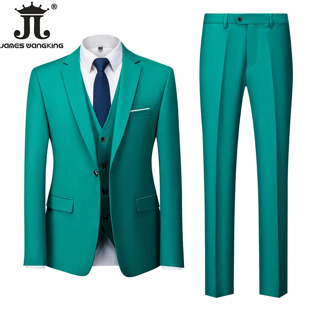 Jacket + Vest + Pants  Boutique Solid Color Men's Official Business Suit Bride's Wedding Dress Party Male Suit