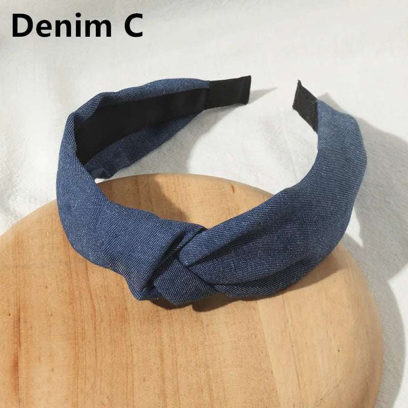 1/3pcs Knotted Print Denim Cloth Headband for Women Girls Face Wash Hair Hoop Simple Denim Headpiece