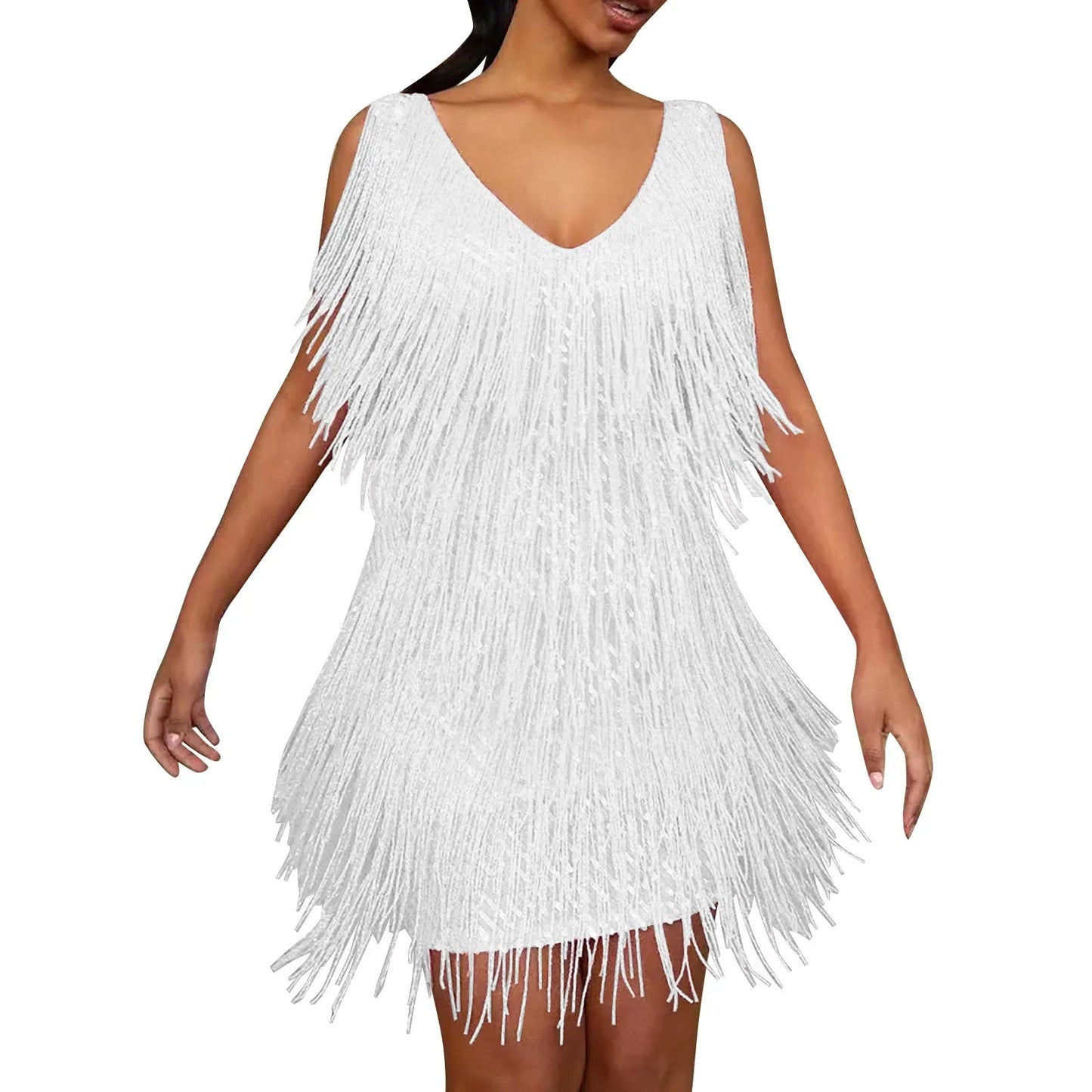 Sequin Suspenders Fringe Mini Dress Women  Solid Color Cocktail Party Bodycon Elegant Slings Tassel