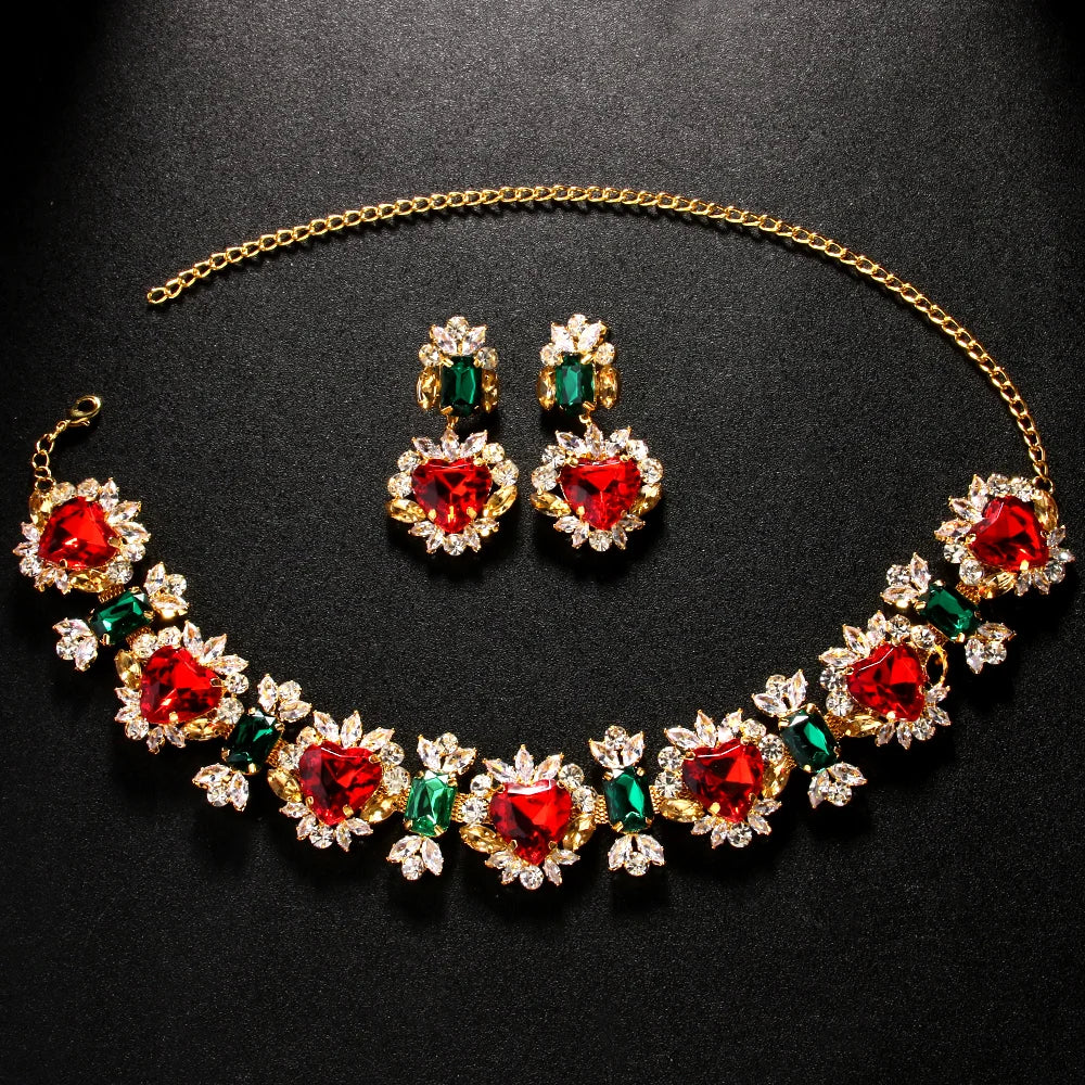 Multicolor Heart Necklace and Earring Set Charm Rhinestone Statement Jewelry Set
