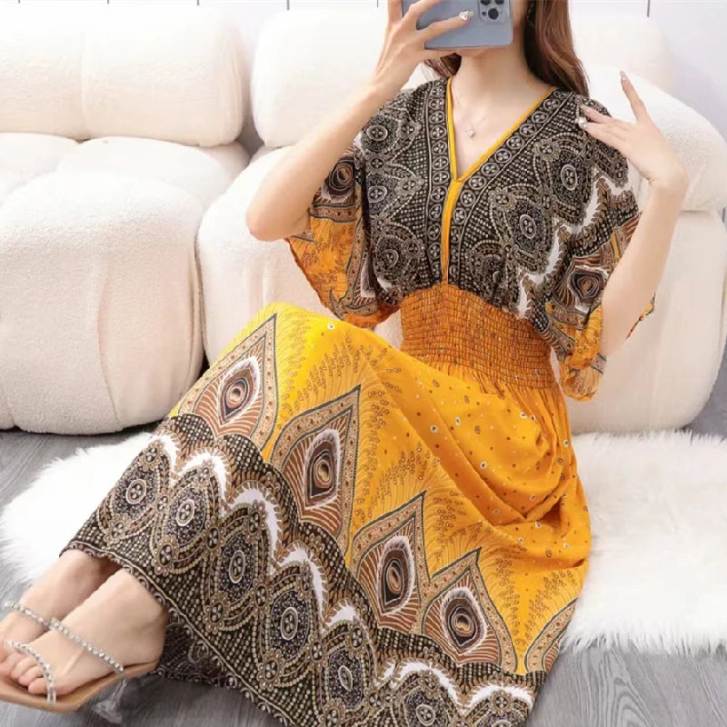 Colorful Flower V-neck Elastic Youthful Bohemian Sweet Midi Dress Woman Clothes Chic Fashion Summer Dresses