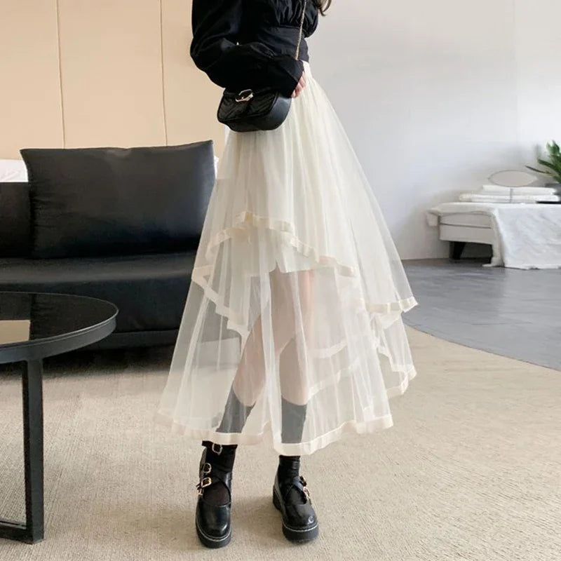 Mesh  A Line Midi Skirt Gothic