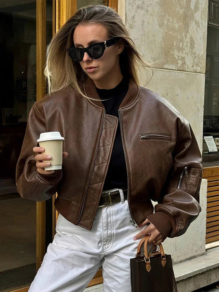 Short Leather Women's Jacket Casual Vintage O-neck  Loose Long Sleeve