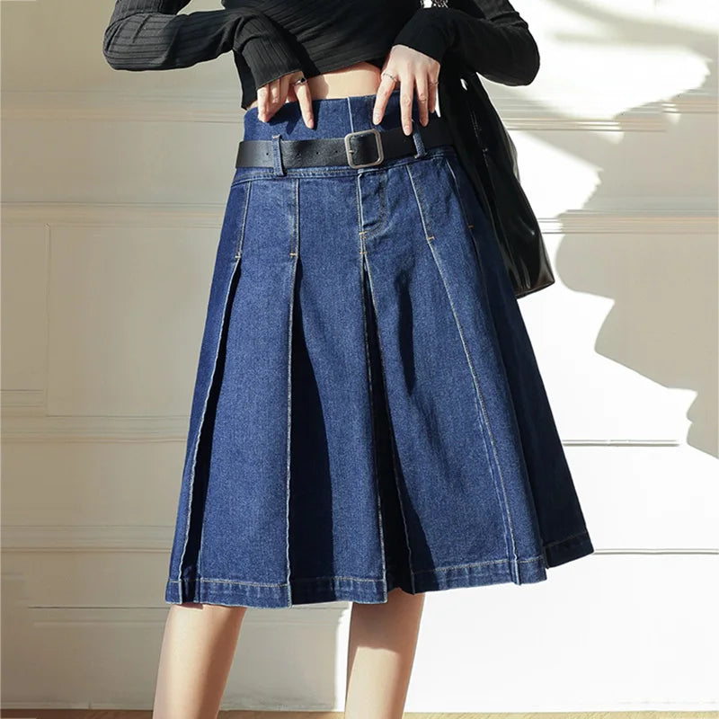 Denim Pleated  Vintage  High Waist A-Line Jeans Skirt Casual