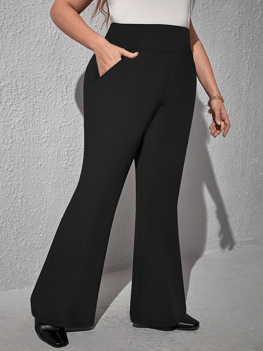 Women Plus Size High Waist Wide Leg Palazzo Pants Solid Color Elastic Waist Flare Trousers Yoga