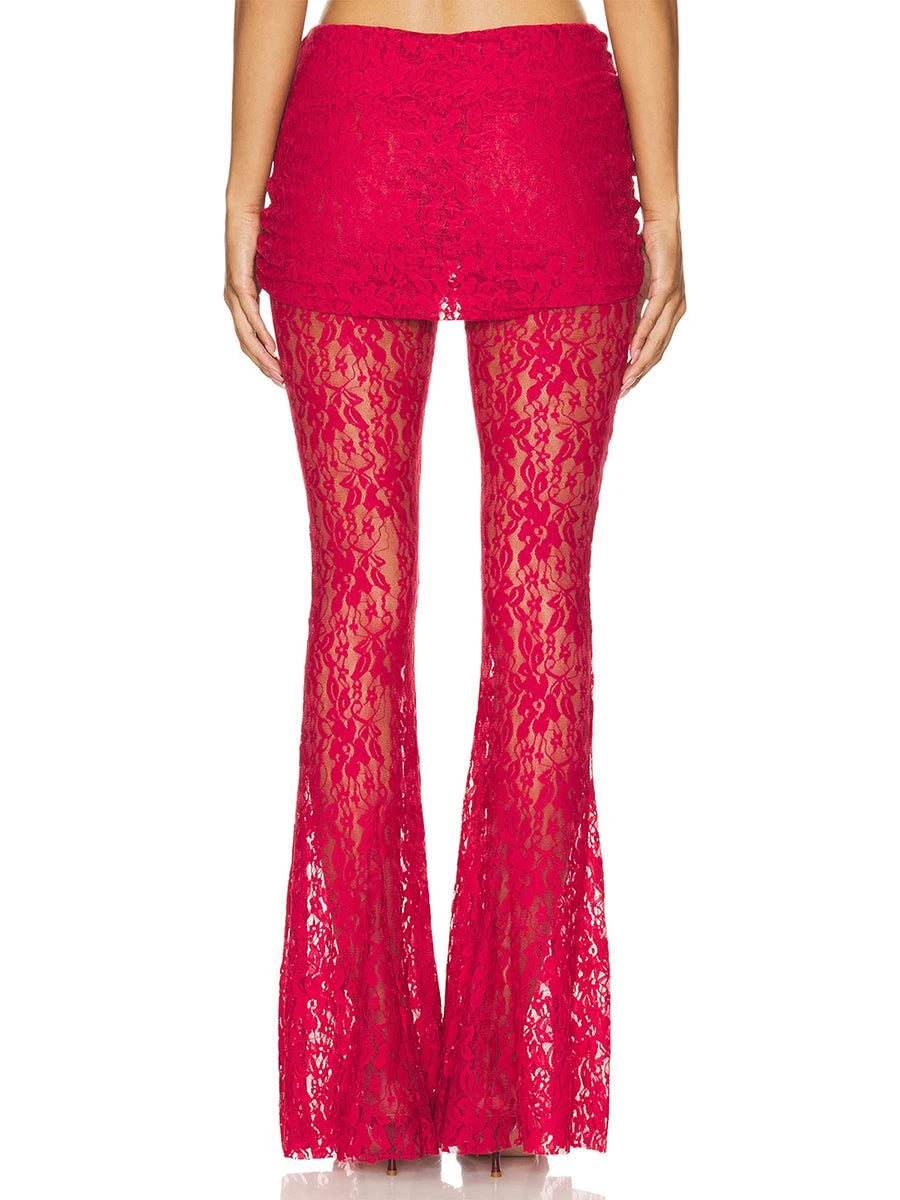 Elegant Lace Overlay Flared Pants with Elastic Waistband and Skirt Detail Stylish Bell Bottom Trousers for Women