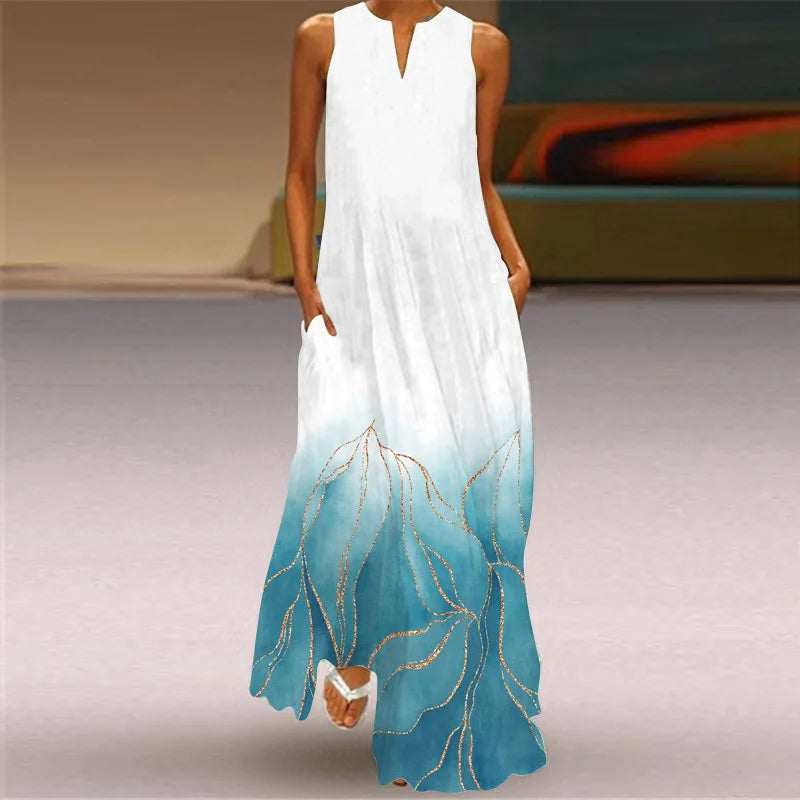 Vintage Print Maxi Dress For Women Summer Loose Sleeveless Long Dresses Elegant Lady V Neck Pocket Boho Beach Sundress Vestidos