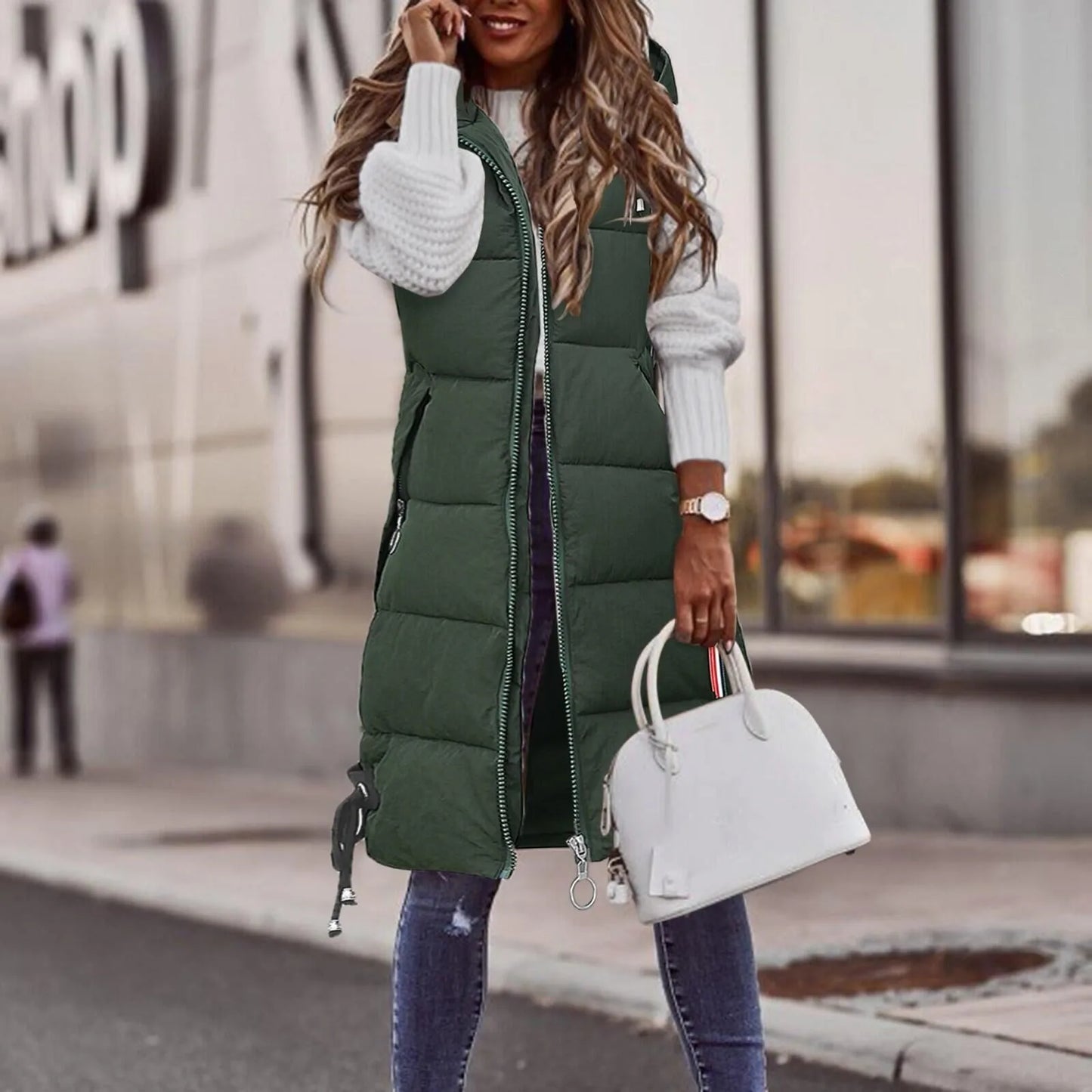 Winter Fashion Women Hood Thick Cotton Parkas Mid-length Long Down Jacket Vest Loose Outerwear