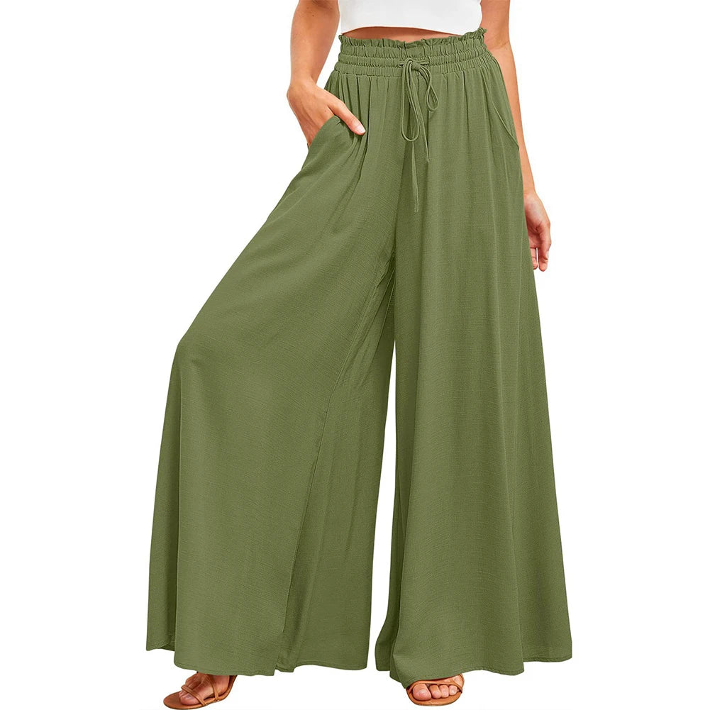 Women High Waisted Palazzo style pants with Elastic Waistband Drawstring Long Trouser Solid Color Casual Long Pants