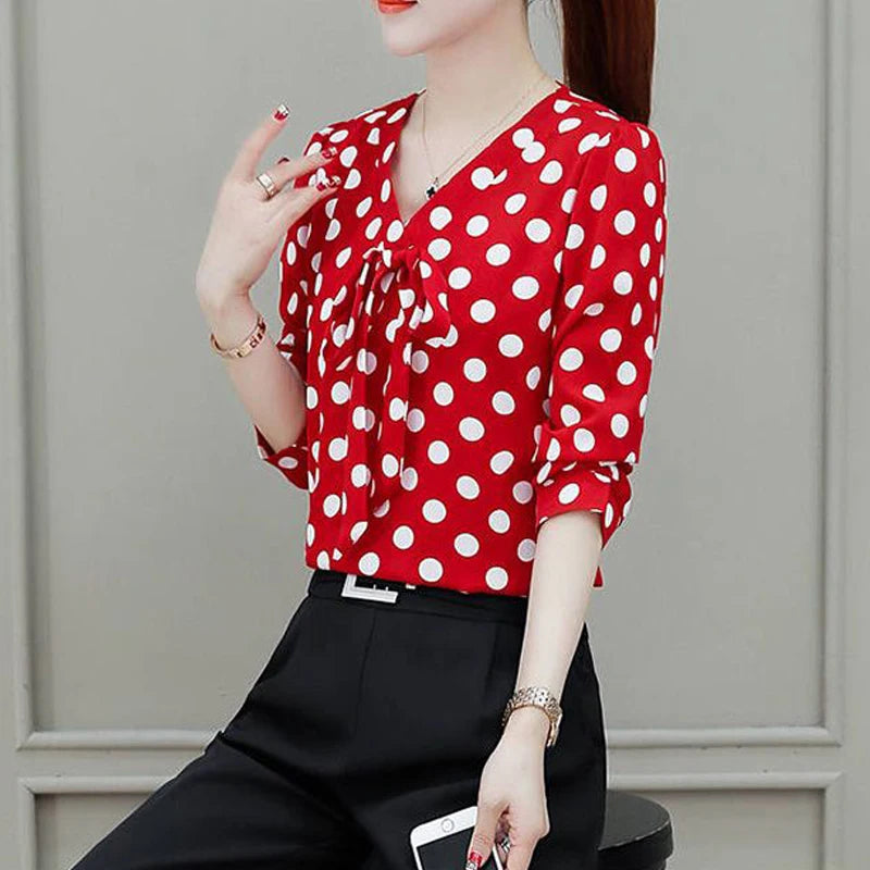 Bow Dot Print Elegant Blouse Spring Autumn