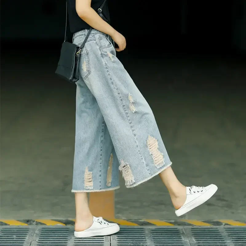 Capri Jeans Woman Ripped Jean Summer Clothes Baggy Capri Pants Wide Leg Denim High Waist Loose