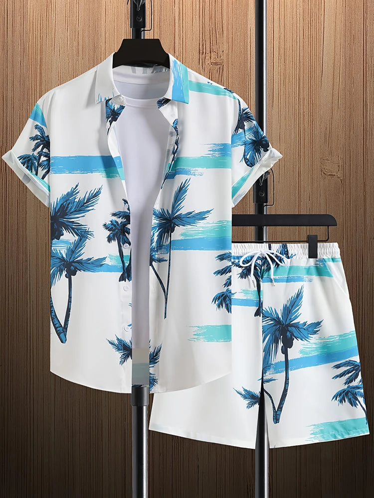 Fashion Hawaii Set Coconut Print Men's Shirt 2 Piece Luxury 3D Holiday Set Short Sleeve Casual Shirt Beach Two Piece Men's Set
