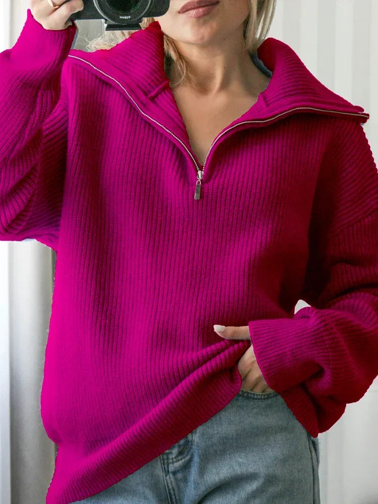Fashion Women's Turtleneck Zippers Solid Loose Women Sweaters Pullover Long Sleeve Casual Knitted Sweater Woman