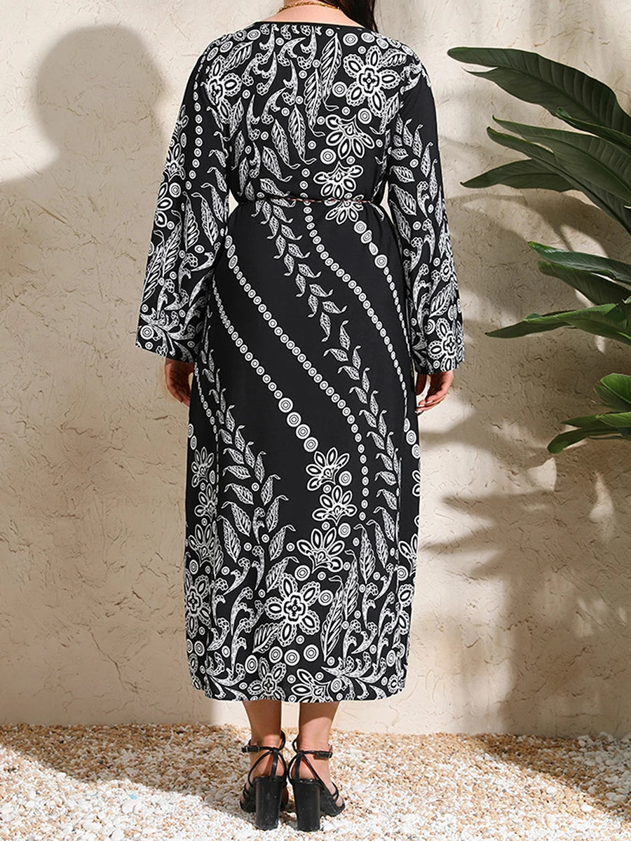 Vintage Floral Print Long Sleeve Maxi Dress O Neck