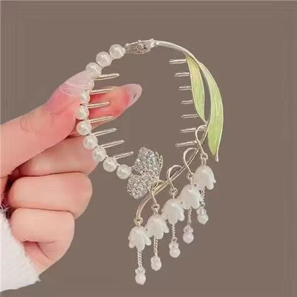 Flower Tassel Hair Clip Women Ladies Butterfly Rhinestone Pearl Metal Hair Claw Round Bun Ponytail Holder Hair Accessories