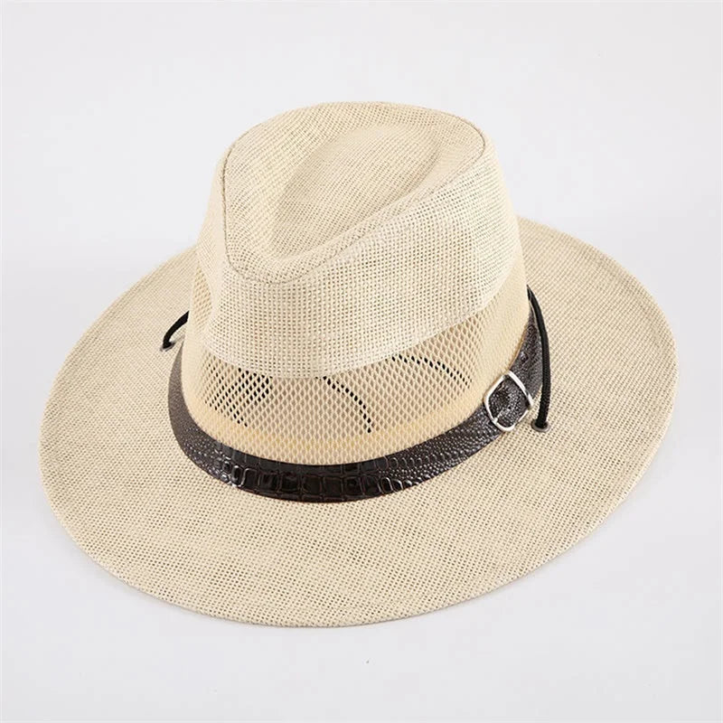 Stylish Unisex Straw Fedora Hat with Hollow Out Design and Black Belt Detail for Summer Beach Vacation or Outdoor Activities