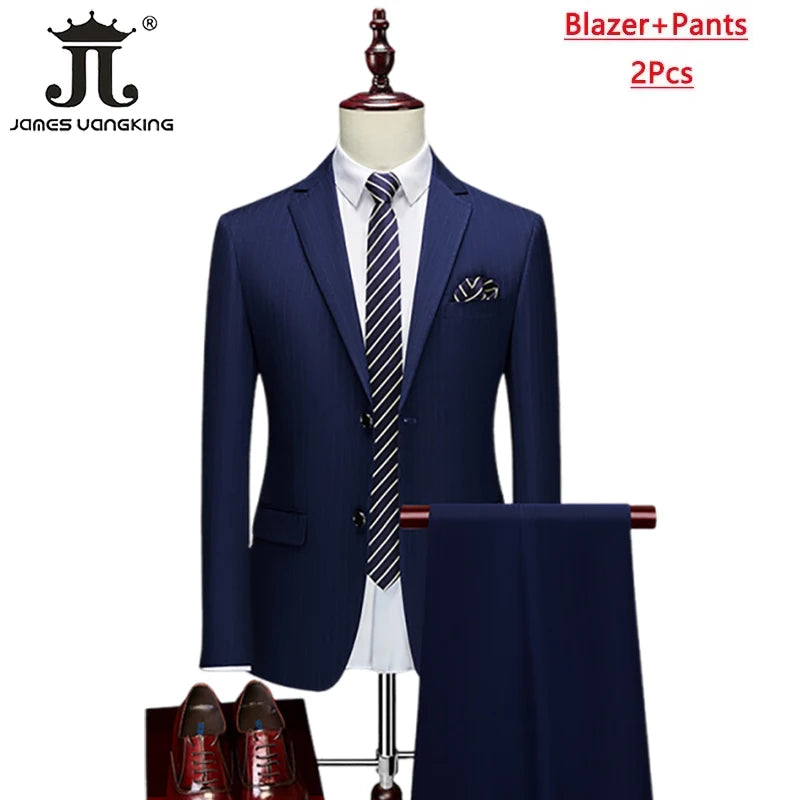 High-end Brand Classic Blue or Gray Plaid Men's Casual Business Suit Retro Official Suit Groom Wedding Dress Jacket Vest Pants