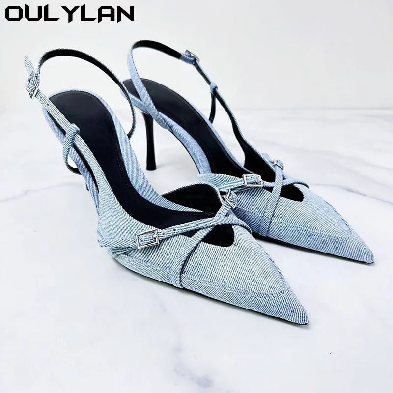 Sexy High Heels Pumps Shoes Pointed Toe Slingbacks Denim