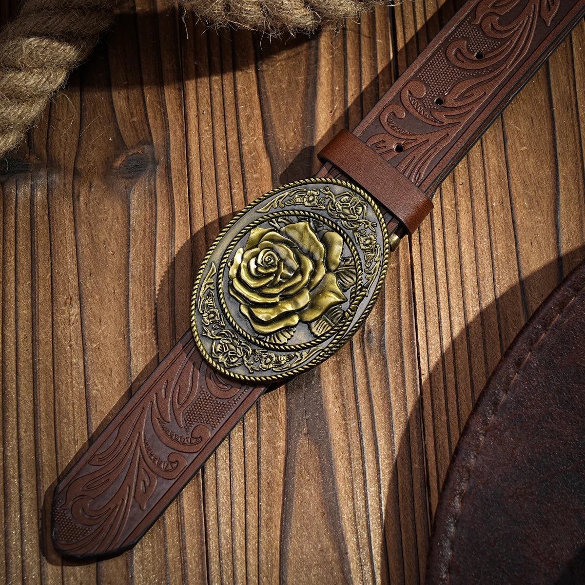 Western denim PU Belt -Women's decorative printed carved denim waistband Rose