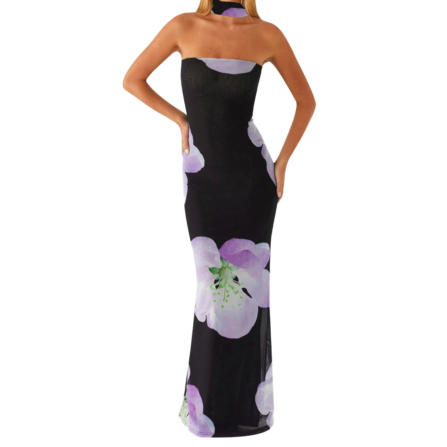 Elegant Lace Halter Neck Maxi Dress with Ruffle Hem and Matching Belt for Women Wedding Party Evening Gown