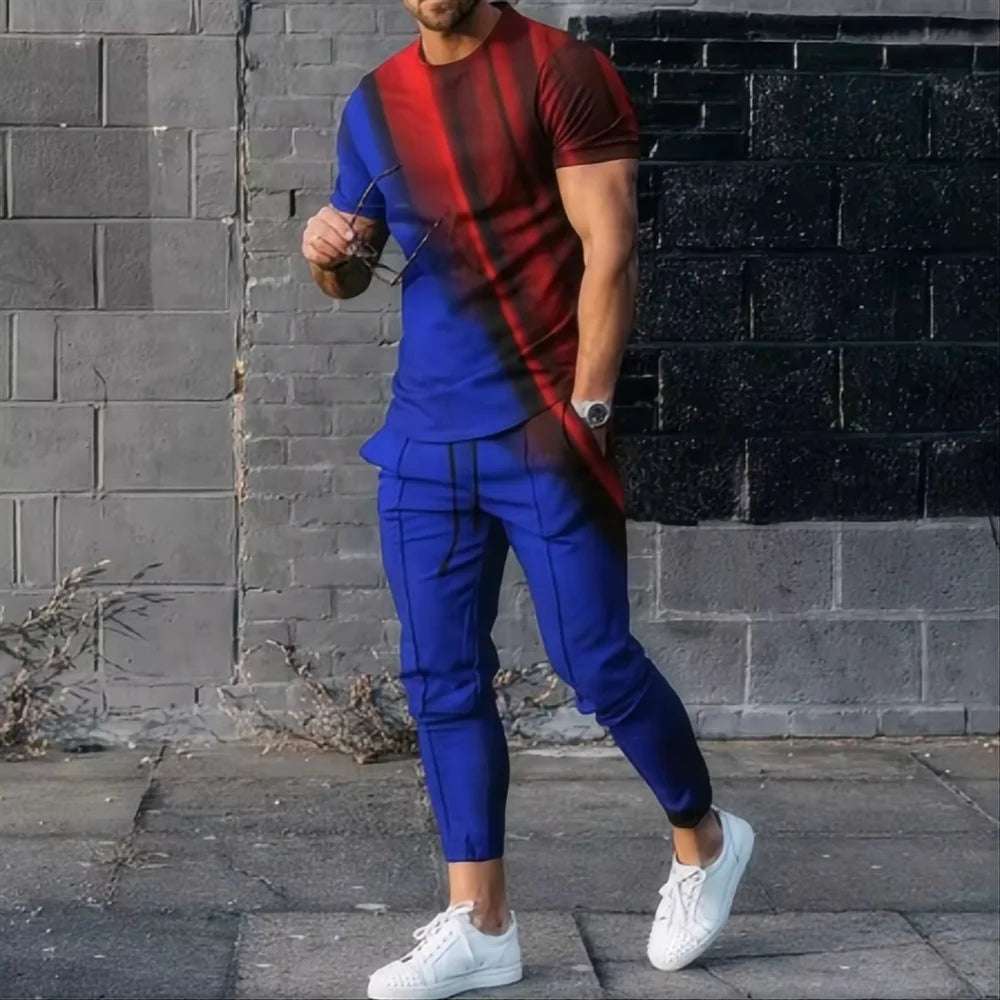 Summer men's T-shirt and pants sports suit abstract gradient 3D printed T-shirt and pants set 2-piece street wear oversized suit