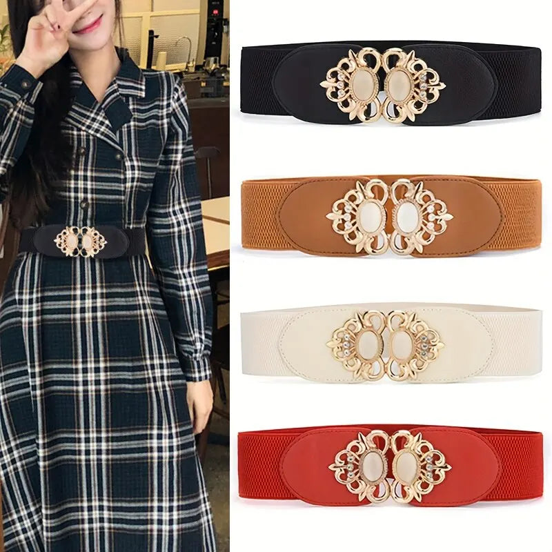 Women's Fashionable Golden Imitation Gemstone Shape Elastic Waist Closure With Double Hook Buckle Wide Belt