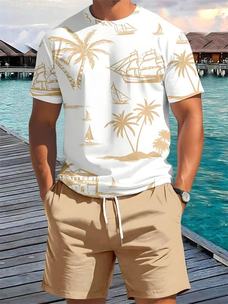 Summer Two Piece Casual Daily Men's Short sleeved Shorts Set Hawaii Printed Men's T-shirt Outdoor Sports Men's