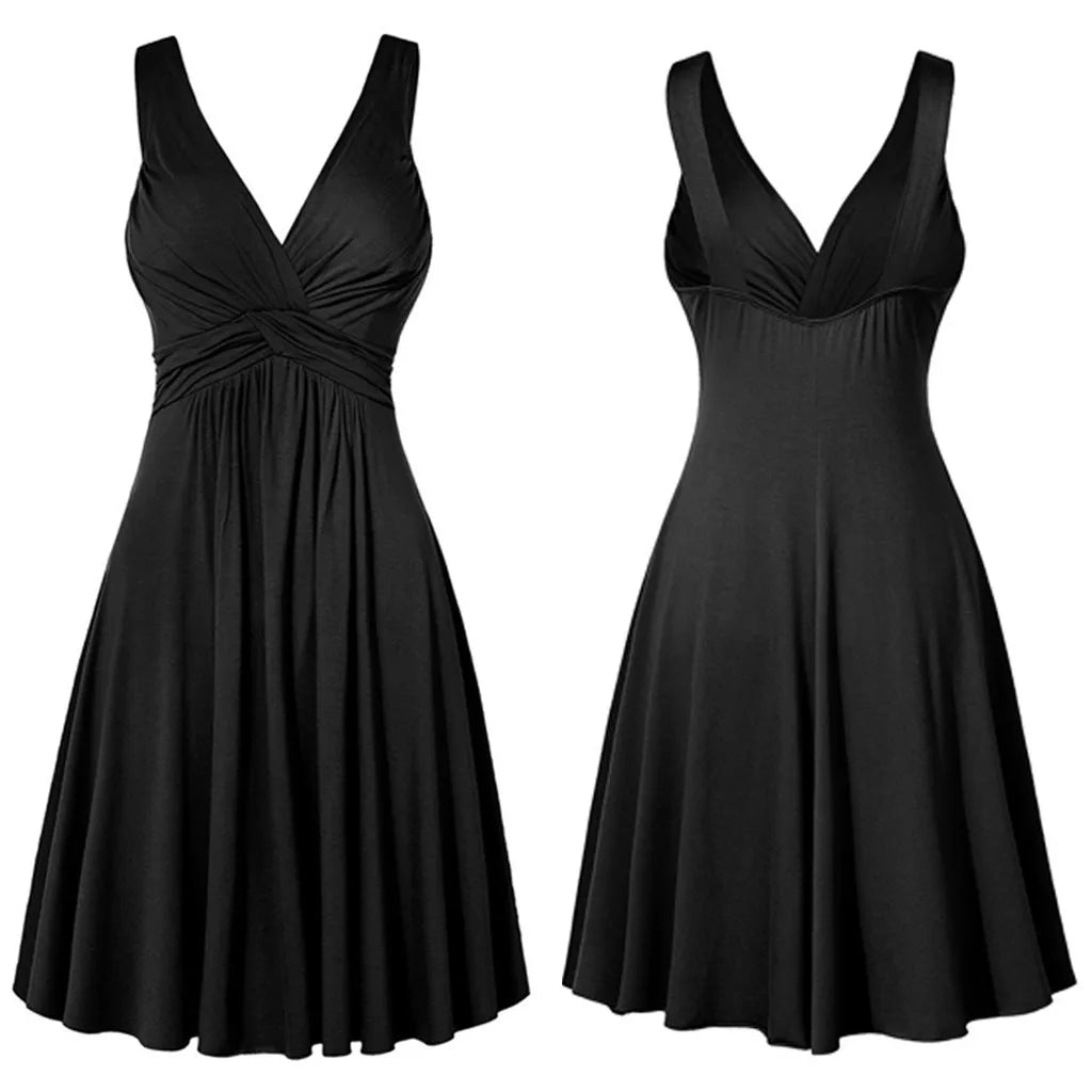 Women Solid Color Deep V-Neck Lady Retro Backless Sling Pleated Dress Wide Band Strap Flare Skirt