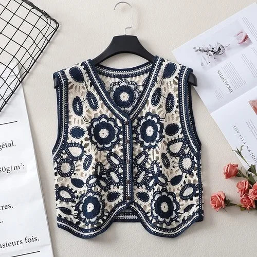 Sexy Hollow Out Knit Tank Tops Women Color block  V Neck Floral Camisole Female Beach Style Crop Top