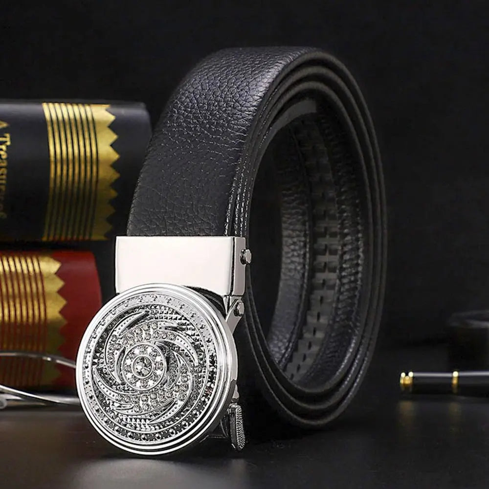 Business Time To Run Belt  Automatic Buckle Leather Belt Silver Waist Buckle Males Luxury Belt Rhinestone Decoration
