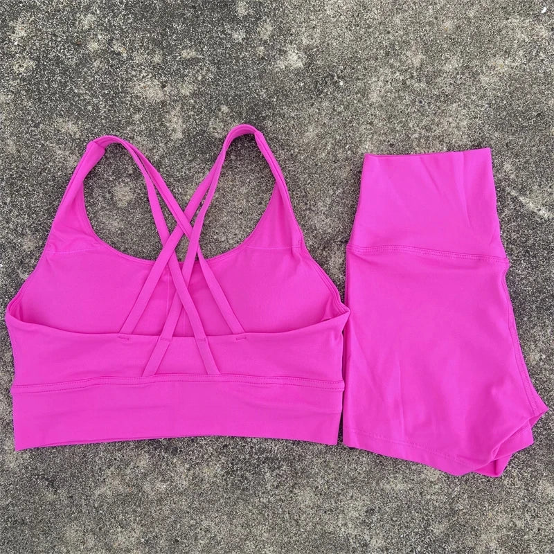 Yoga Clothes 2 Piece Gym Sports Shorts Set Women Cross Back Bra Top High Waist Shorts Fitness Suit Running Workout Tracksuit